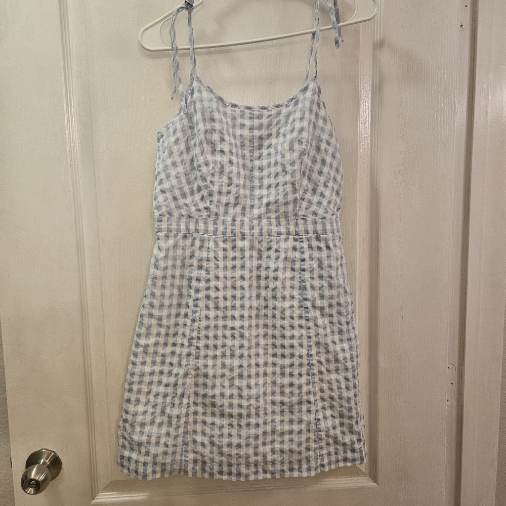 Madewell blue plaid mini dress with shoulder ties.  SIZE 2 (1 FLAW)